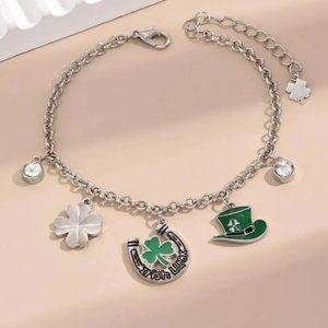 Lucky Irish 4 Four Leaf Clover Shamrock Hat Rhinestone Charm Bracelet
